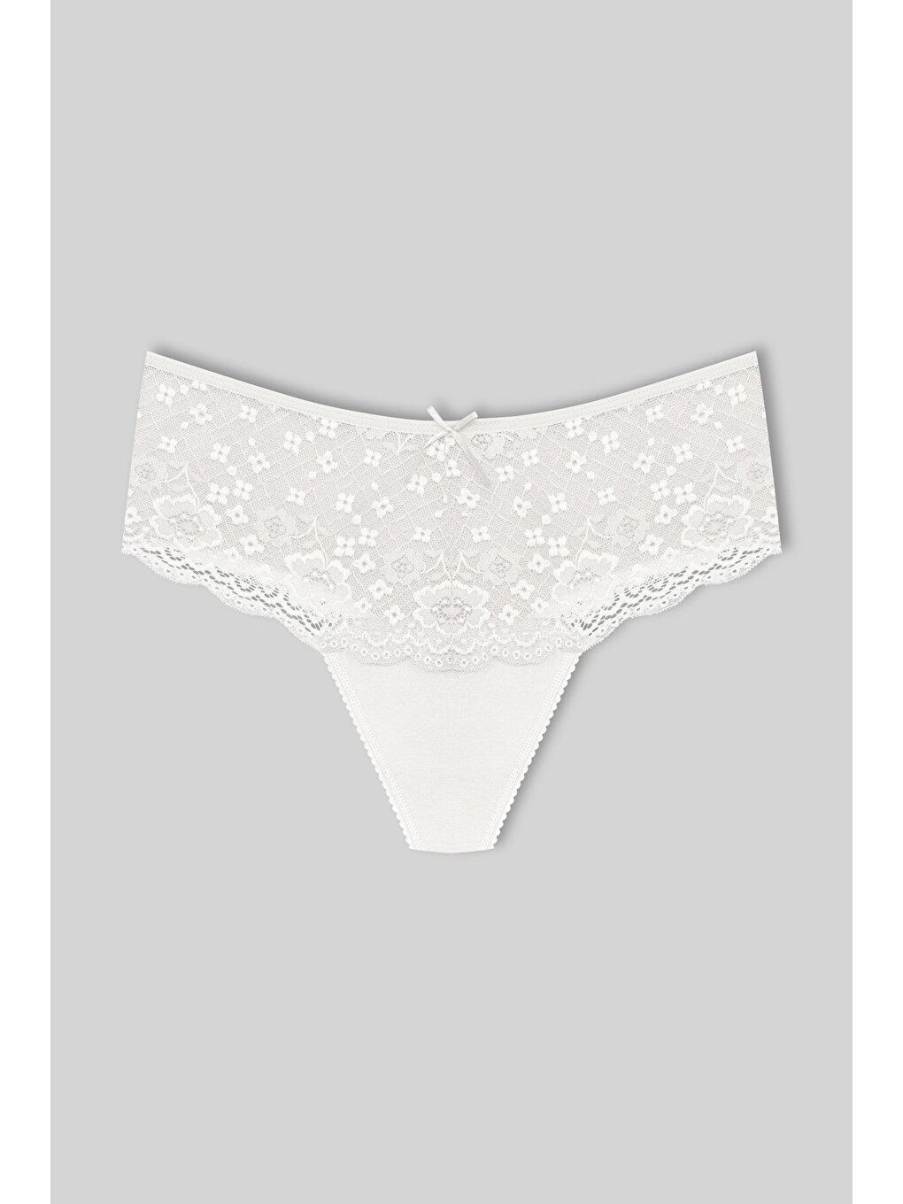 Ekru Pamuklu Önü Dantel Yüksek Bel Tanga Kadın Külot
