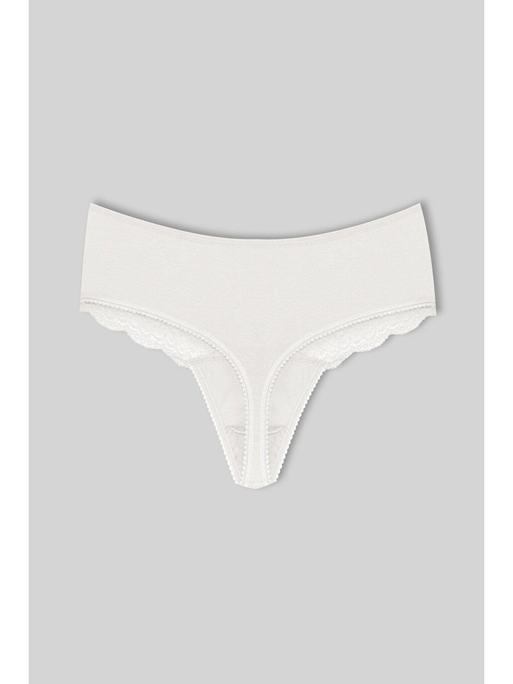 Ekru Pamuklu Önü Dantel Yüksek Bel Tanga Kadın Külot-1