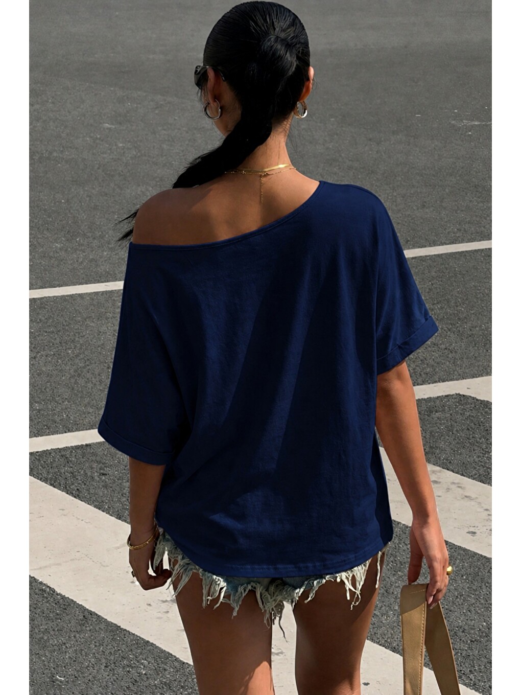 Lacivert Kadın Oversize Düşük Omuz Basic Tişört – Salaş Kesim Yazlık Rahat T-shirt-1