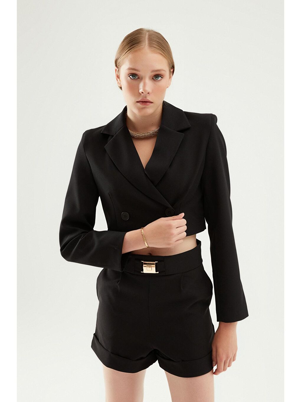 QUZU Siyah Kruvaze Crop Blazer Ceket Siyah - 2