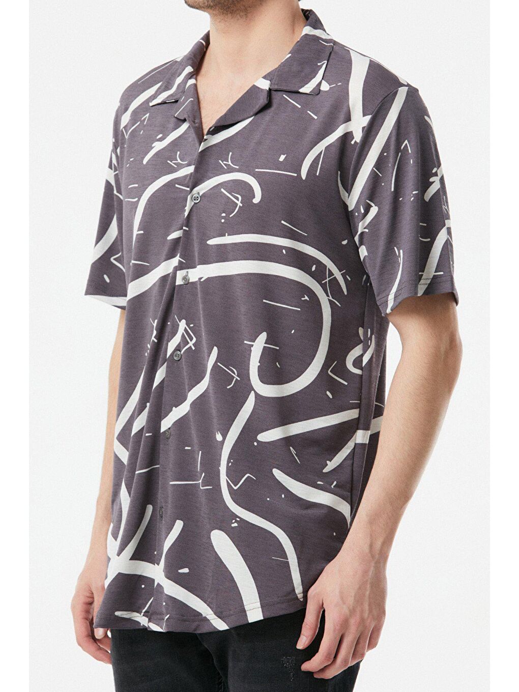 Gri Desenli Kısa Kollu Oversize Gömlek-3