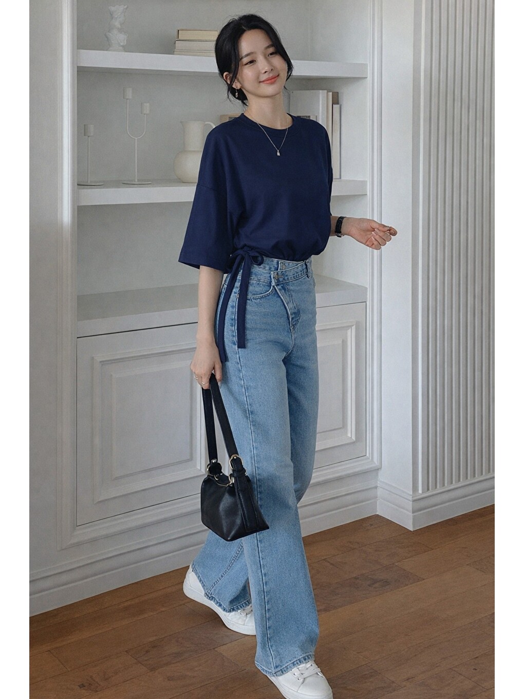 Lacivert Kadın Oversize Basic Haki Tişört Yan Bağlamalı Rahat Kesim Günlük Yazlık T-shirt