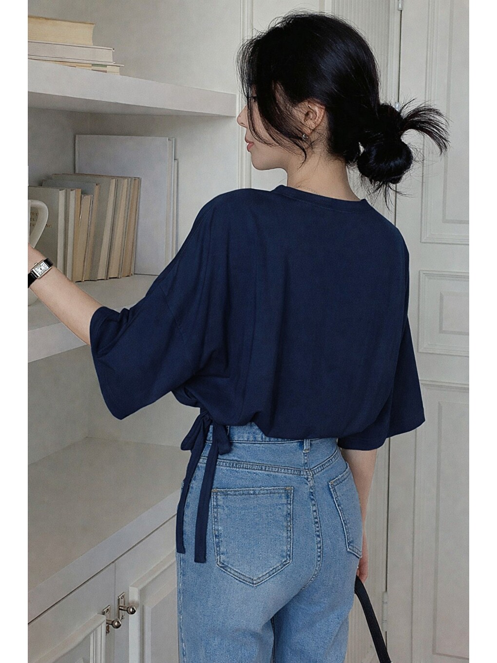 Lacivert Kadın Oversize Basic Haki Tişört Yan Bağlamalı Rahat Kesim Günlük Yazlık T-shirt-1