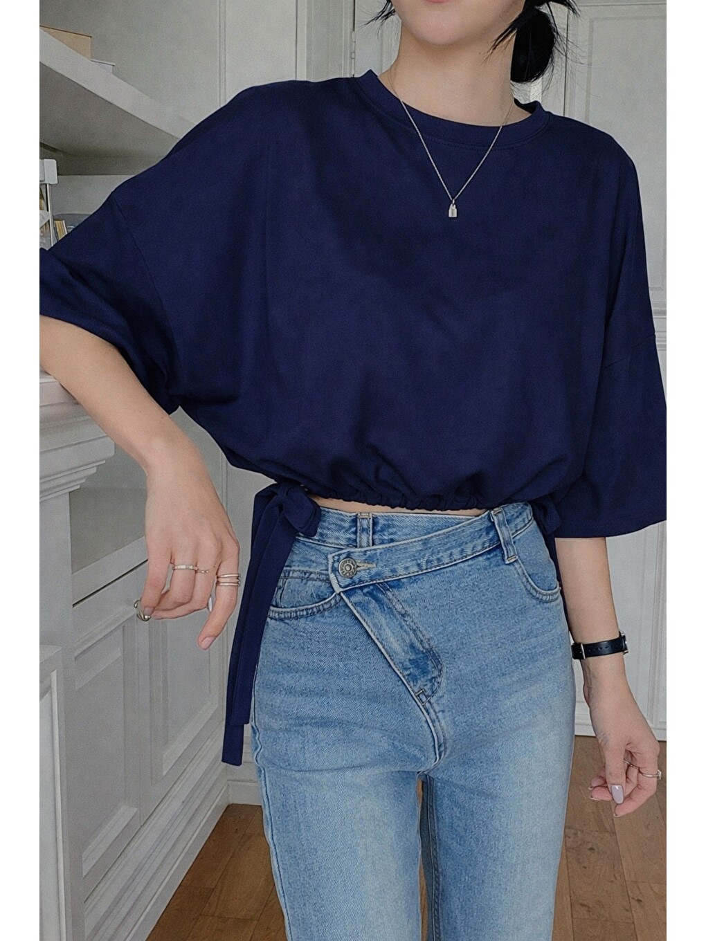 Lacivert Kadın Oversize Basic Haki Tişört Yan Bağlamalı Rahat Kesim Günlük Yazlık T-shirt-2