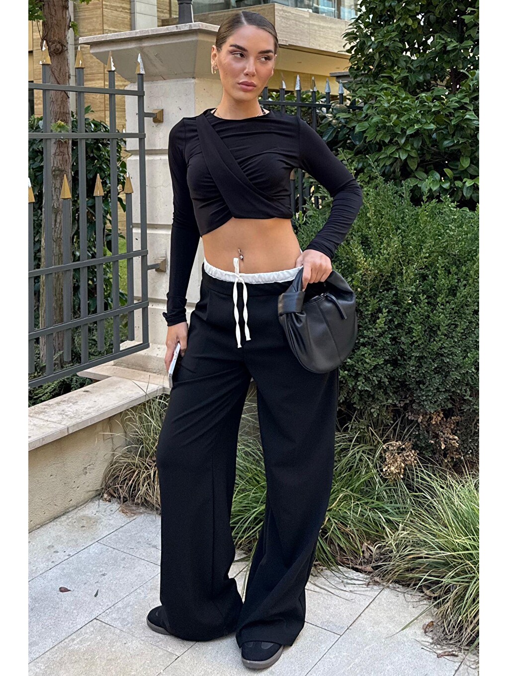 Siyah Çift Bel Bantlı Wide Leg Kadın Pantolon Mg2551-2