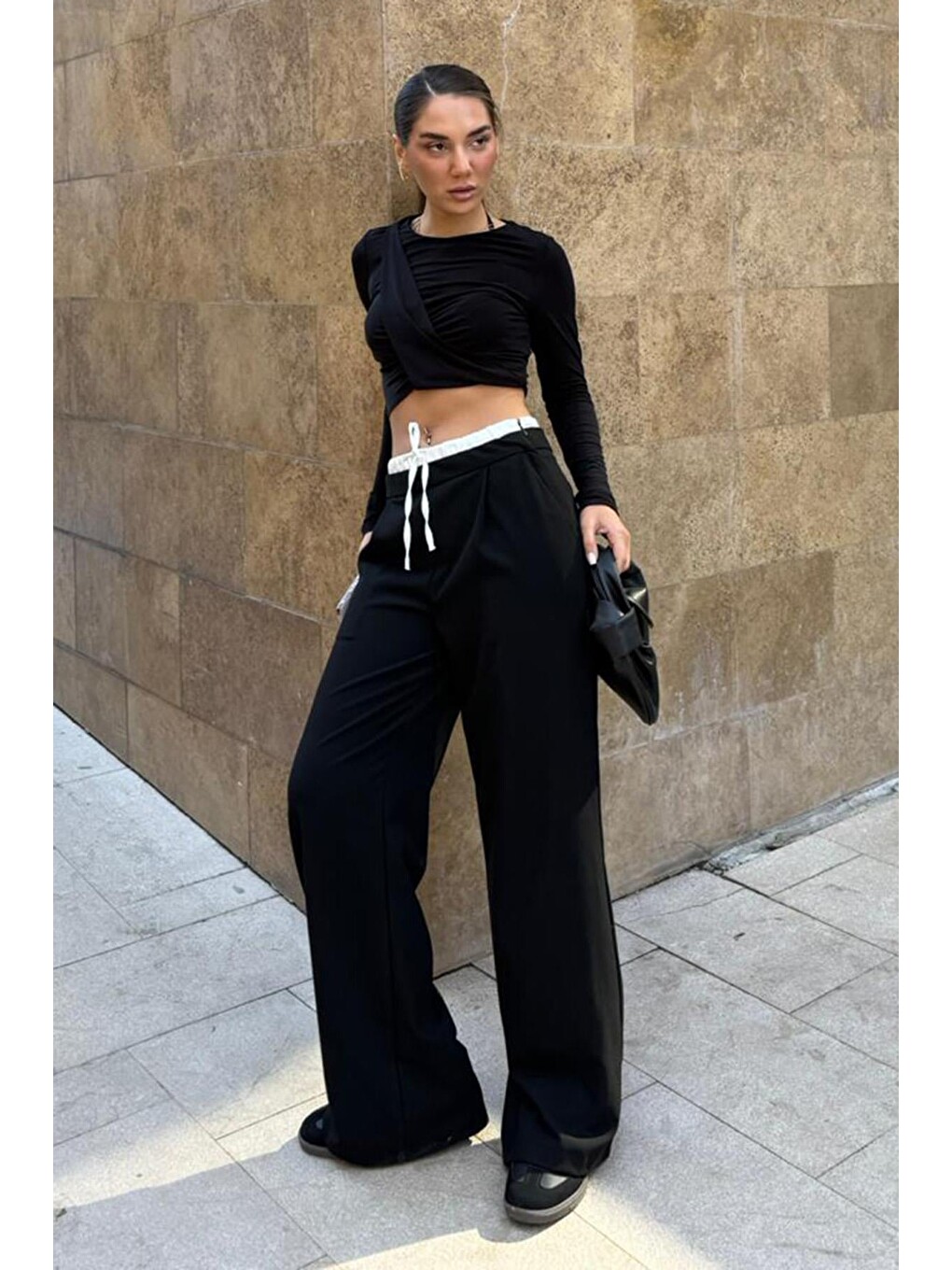 Siyah Çift Bel Bantlı Wide Leg Kadın Pantolon Mg2551-3