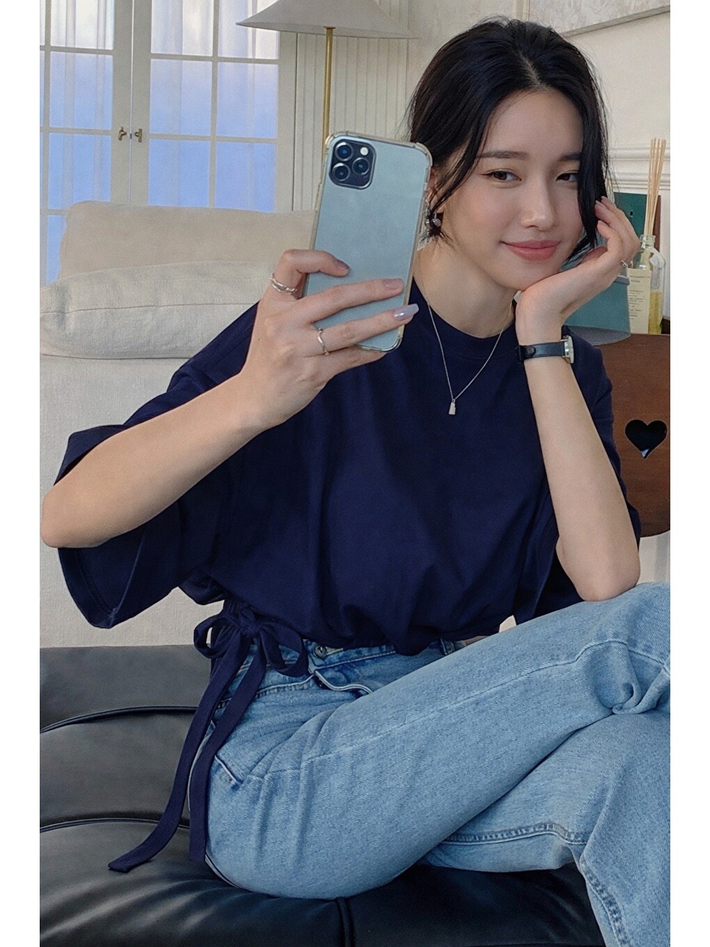 Lacivert Kadın Oversize Basic Haki Tişört Yan Bağlamalı Rahat Kesim Günlük Yazlık T-shirt-3