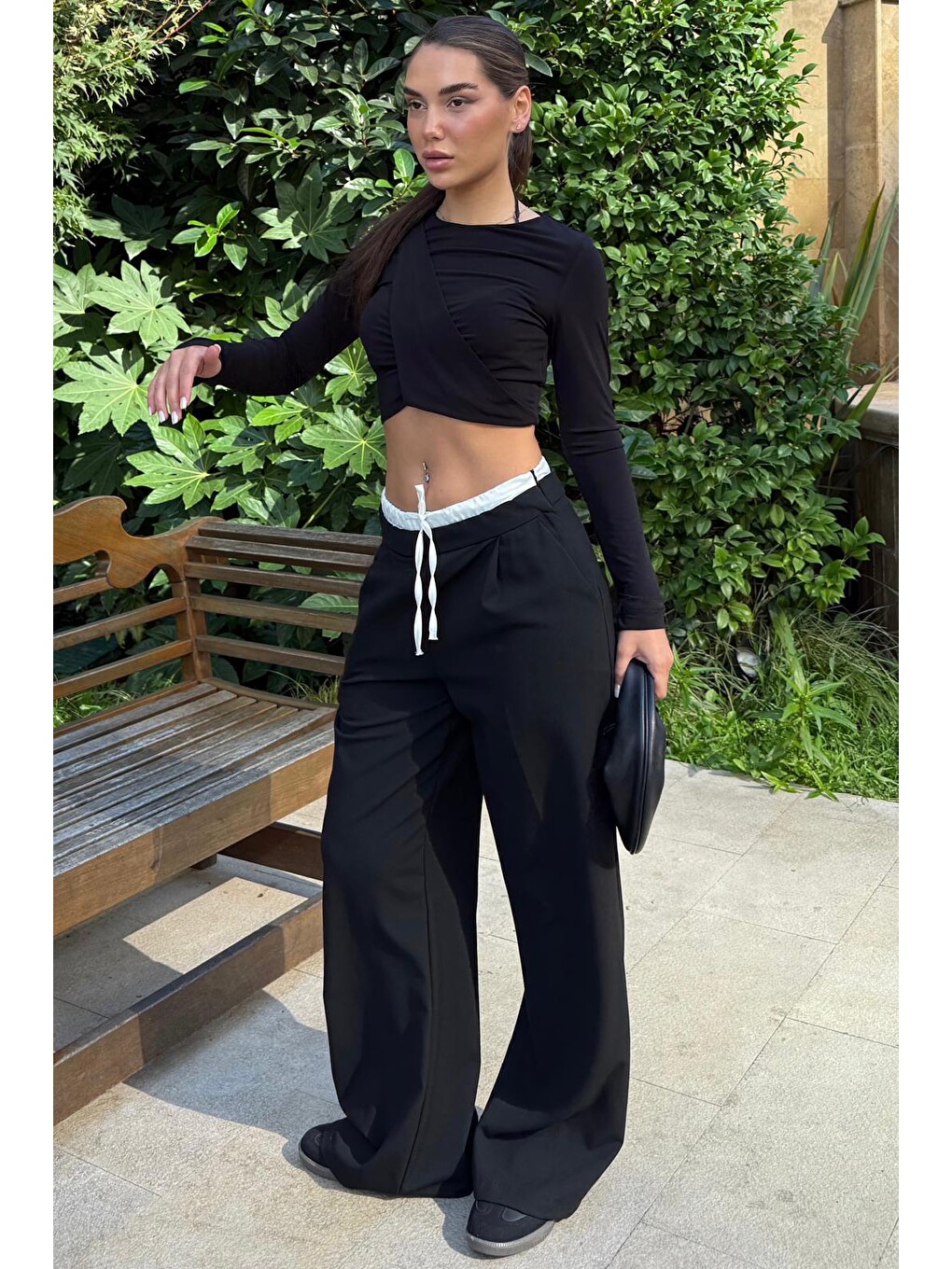 Siyah Çift Bel Bantlı Wide Leg Kadın Pantolon Mg2551-4