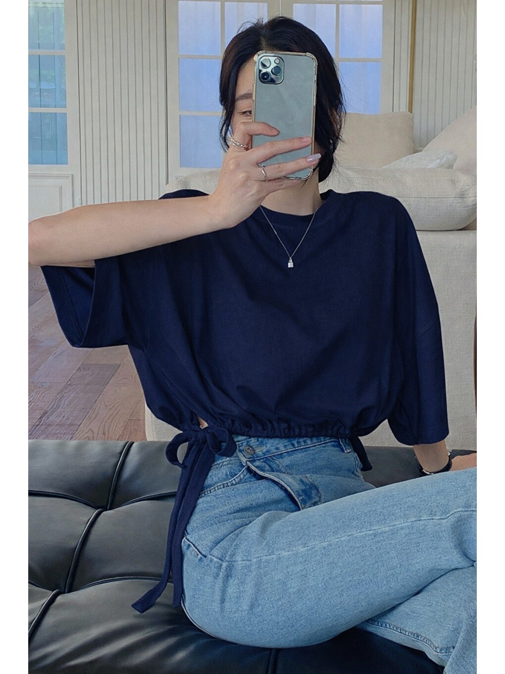 Lacivert Kadın Oversize Basic Haki Tişört Yan Bağlamalı Rahat Kesim Günlük Yazlık T-shirt-4