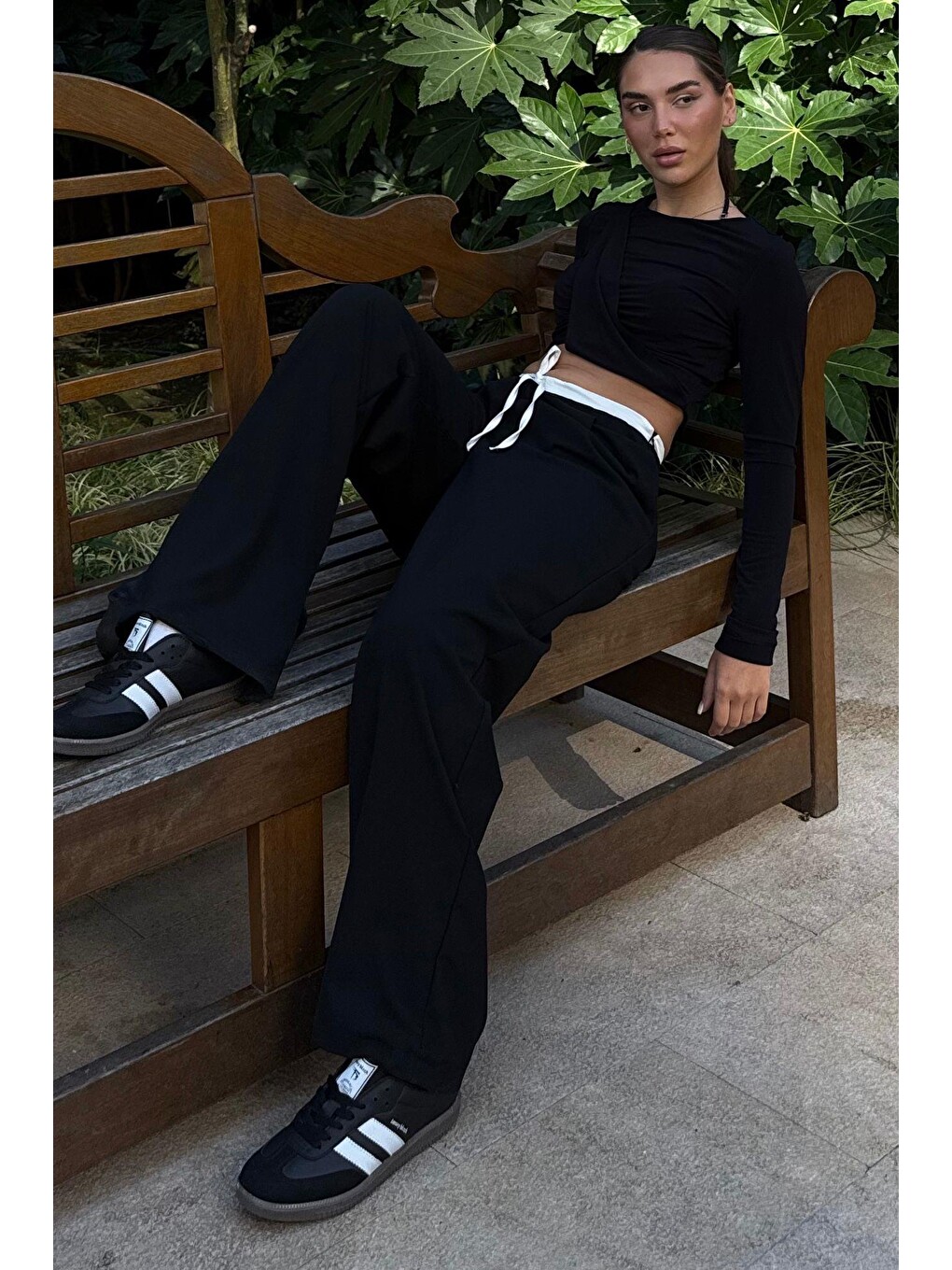 Siyah Çift Bel Bantlı Wide Leg Kadın Pantolon Mg2551-5