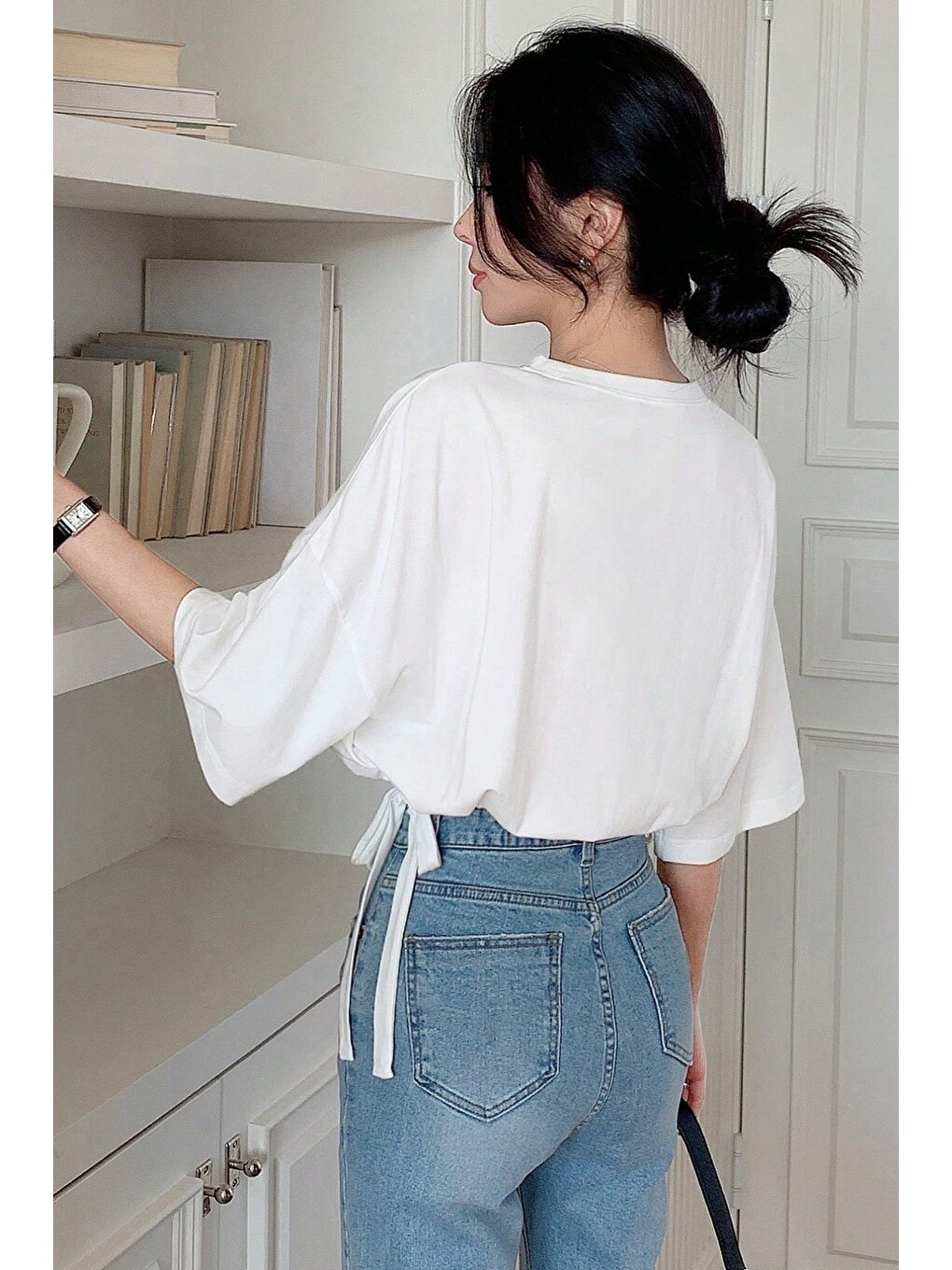 Beyaz Kadın Oversize Basic Haki Tişört Yan Bağlamalı Rahat Kesim Günlük Yazlık T-shirt-1