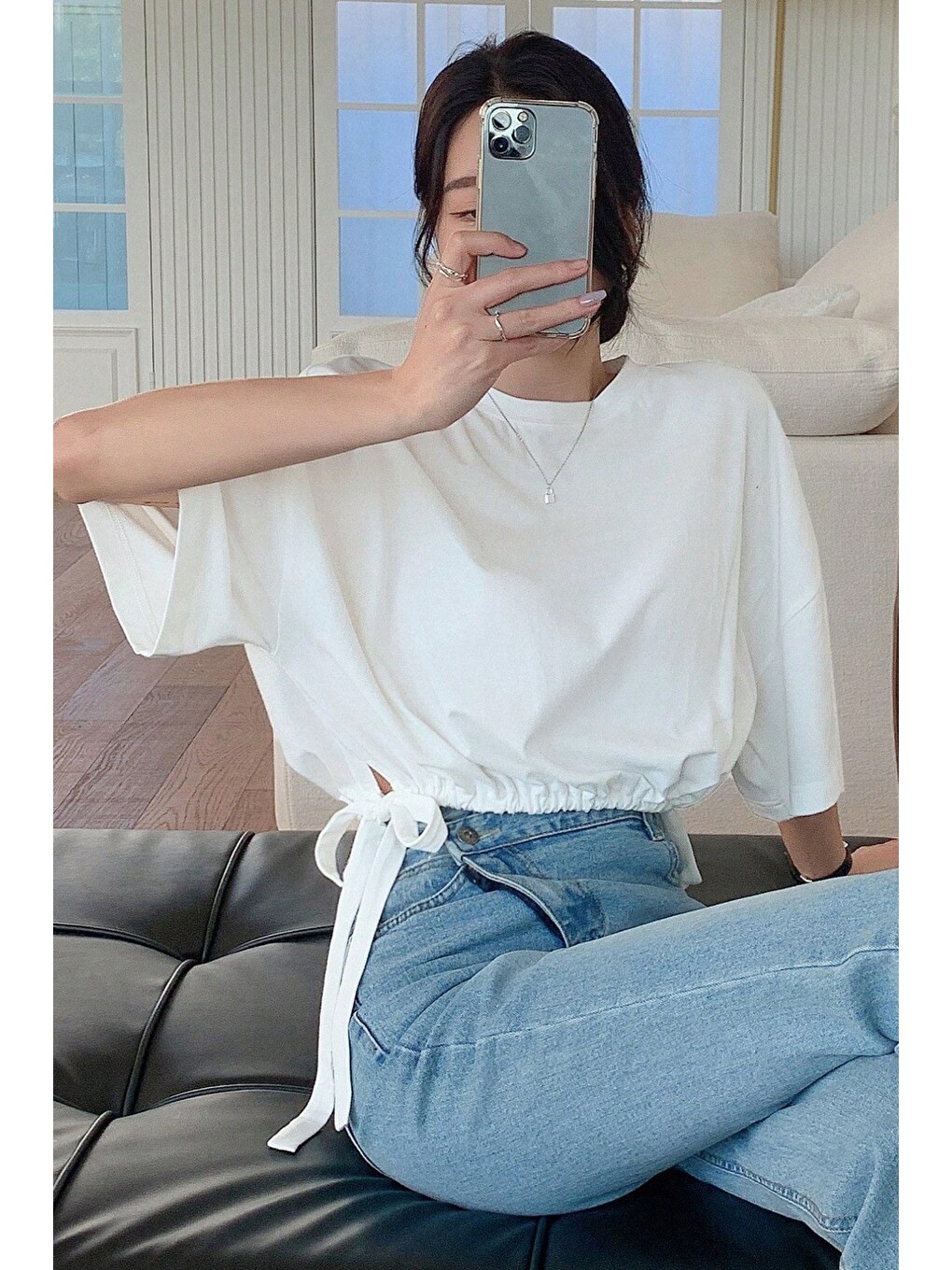 Beyaz Kadın Oversize Basic Haki Tişört Yan Bağlamalı Rahat Kesim Günlük Yazlık T-shirt-3
