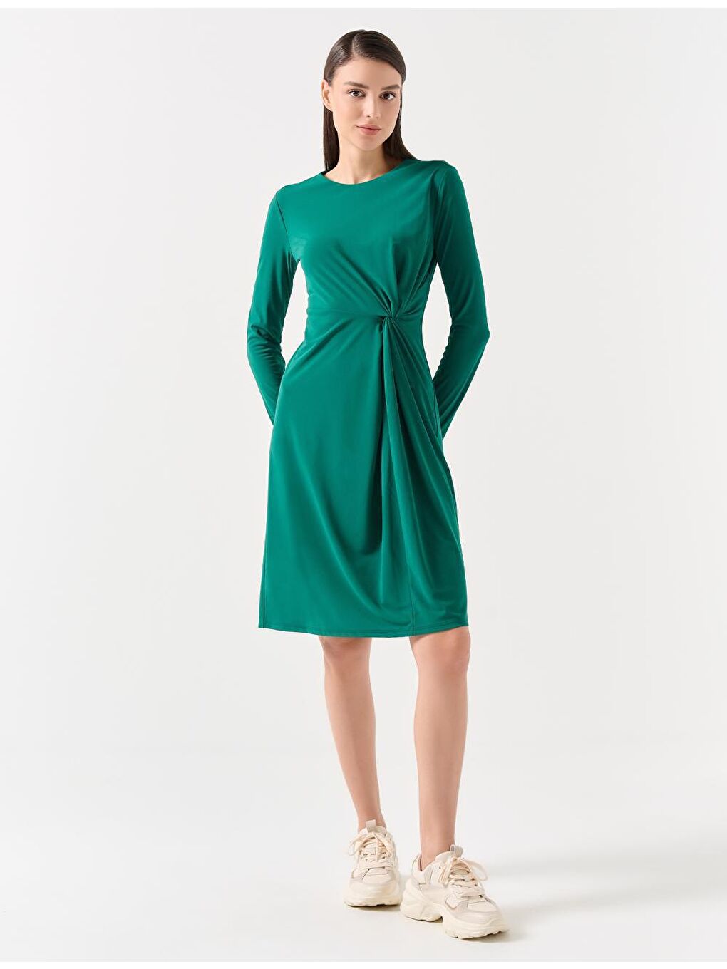 Koyu Petrol Düz Kesim Uzun Kollu Bisiklet Yaka Örme Midi Elbise