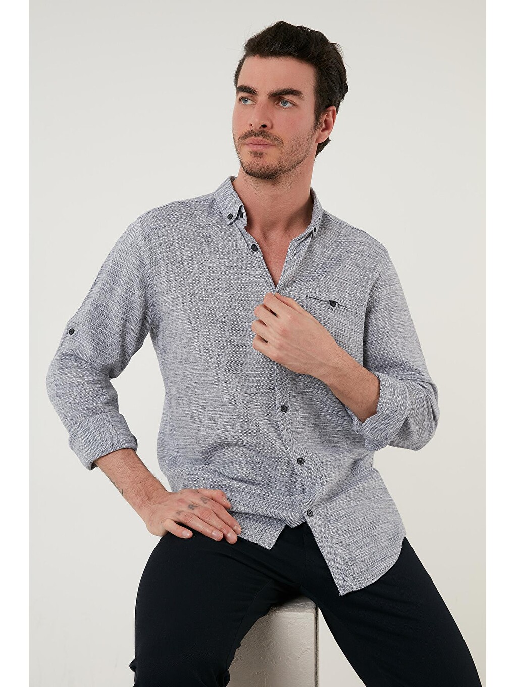 Lacivert % 100 Pamuklu Slim Fit Uzun Kollu Gömlek Cf21s111498