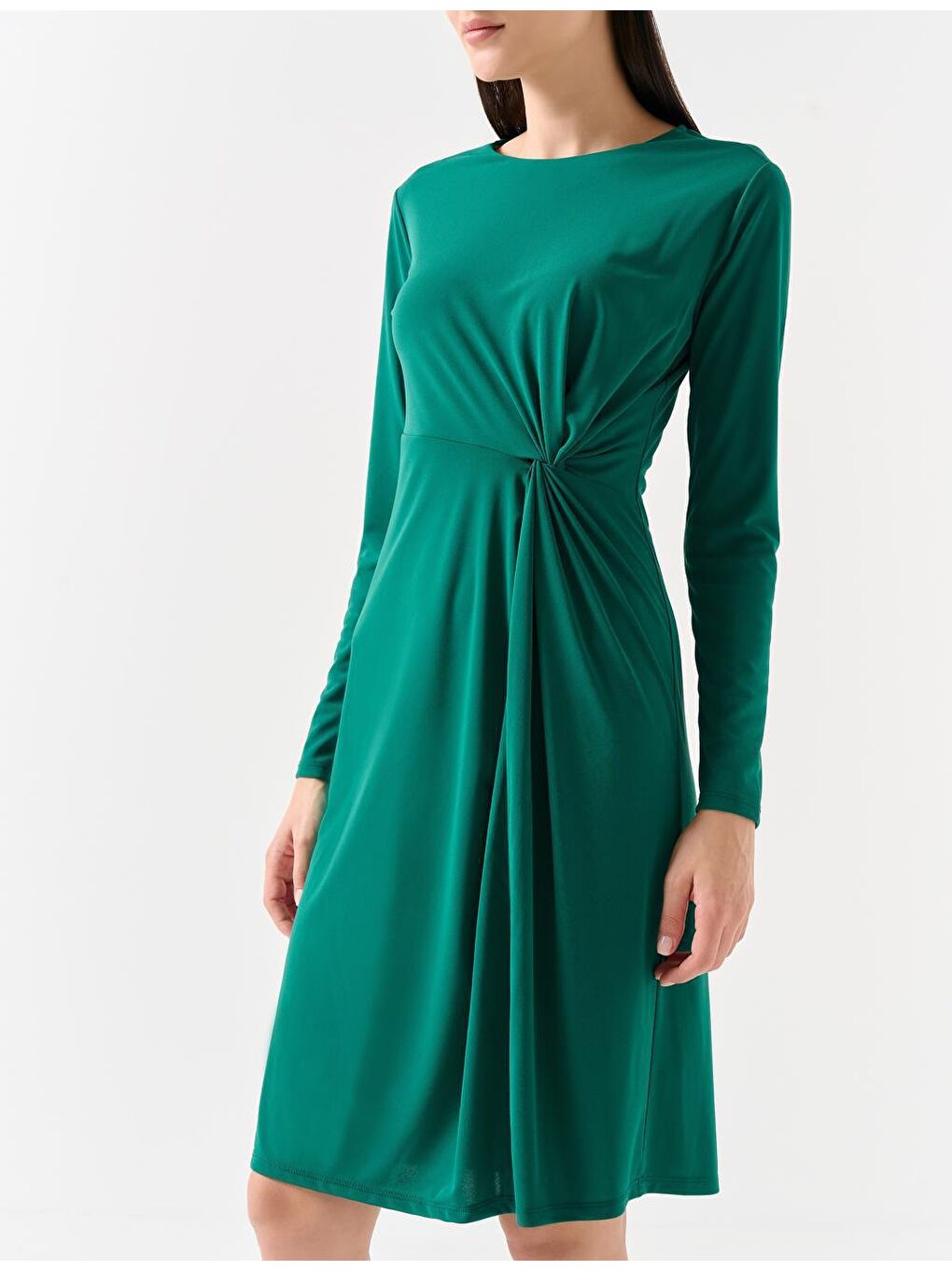 Koyu Petrol Düz Kesim Uzun Kollu Bisiklet Yaka Örme Midi Elbise-2