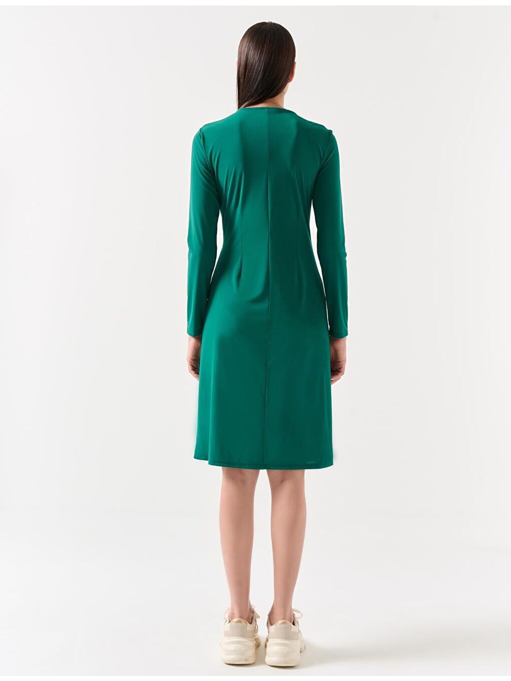 Koyu Petrol Düz Kesim Uzun Kollu Bisiklet Yaka Örme Midi Elbise-3