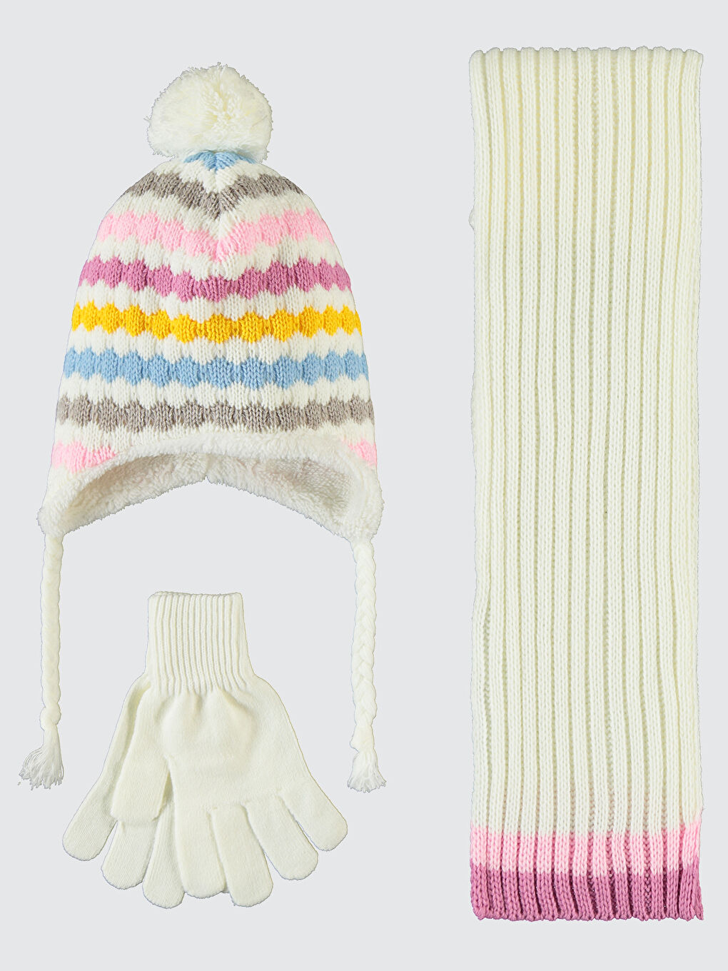 Girls Kız Çocuk Atkı Bere Eldiven Set 2-5 Yaş Ekru