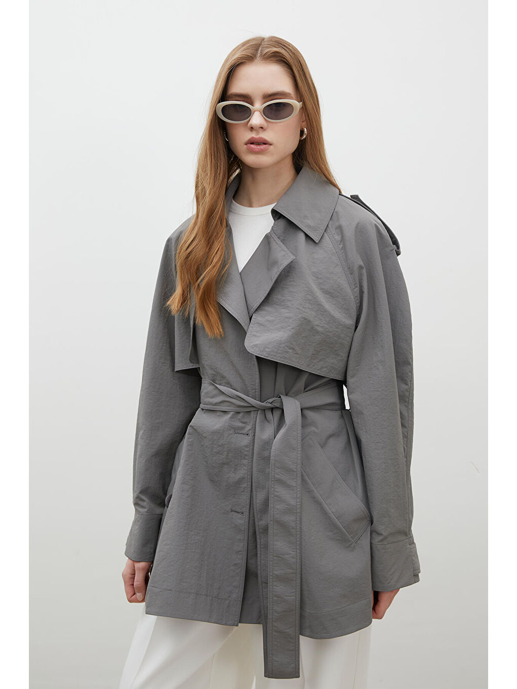 Lızbon Oversize Kısa Trençkot Gri-3