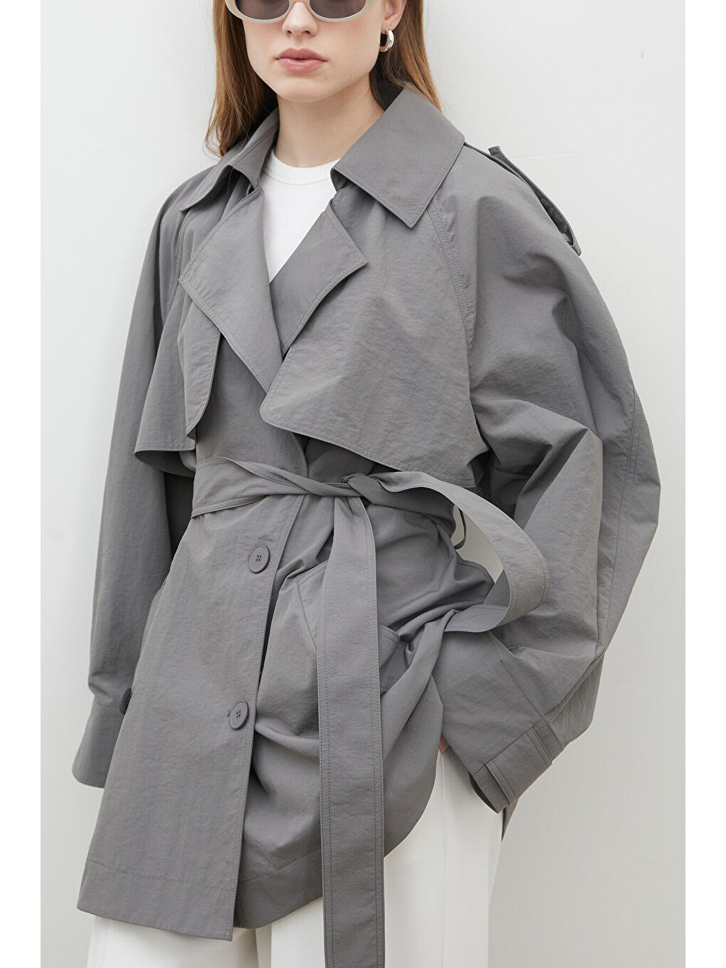 Lızbon Oversize Kısa Trençkot Gri-4
