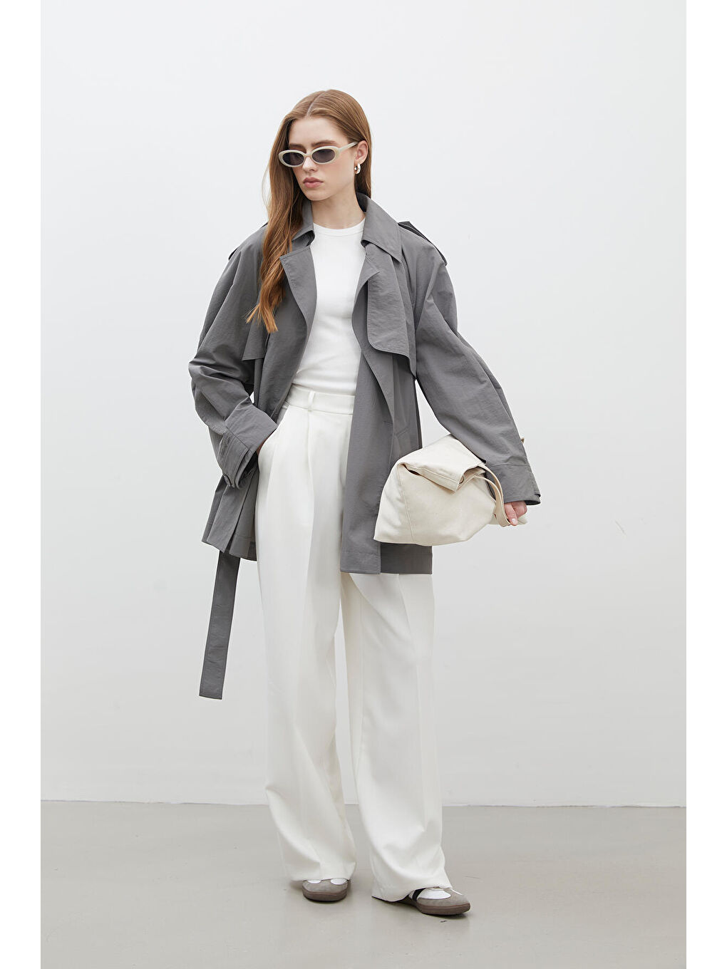 Lızbon Oversize Kısa Trençkot Gri-5