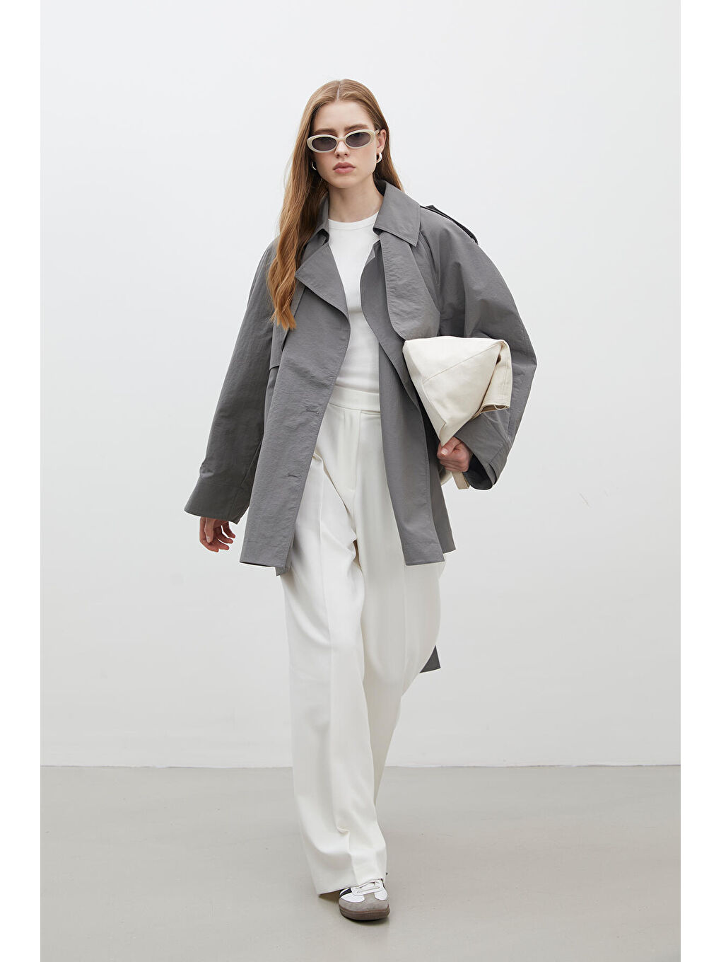 Lızbon Oversize Kısa Trençkot Gri-6