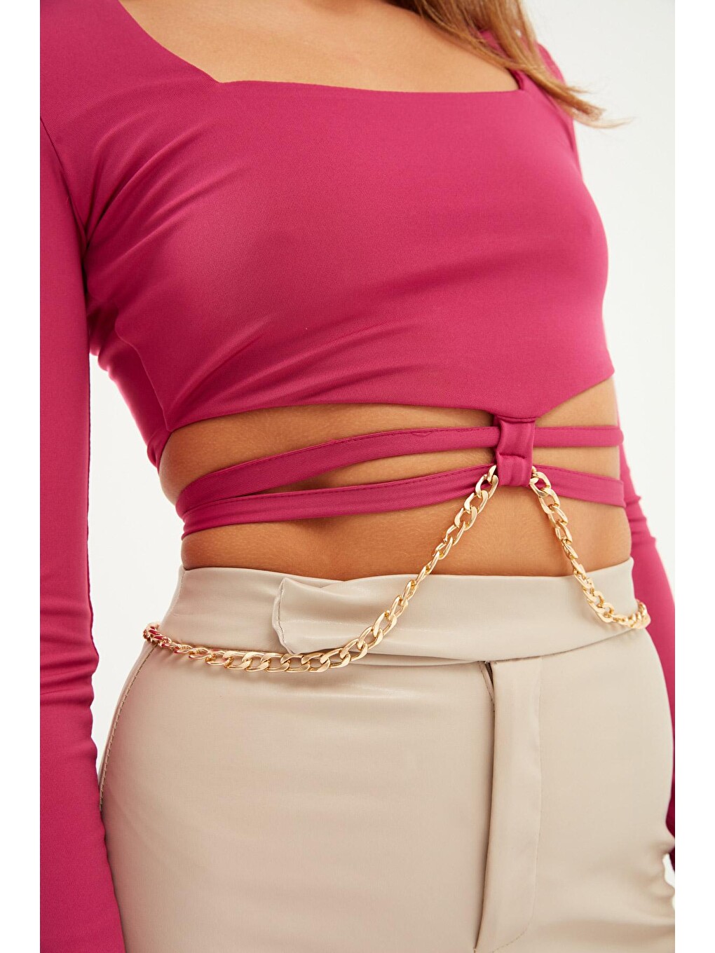 Fuşya Zincir Detaylı Crop Bluz Orkide