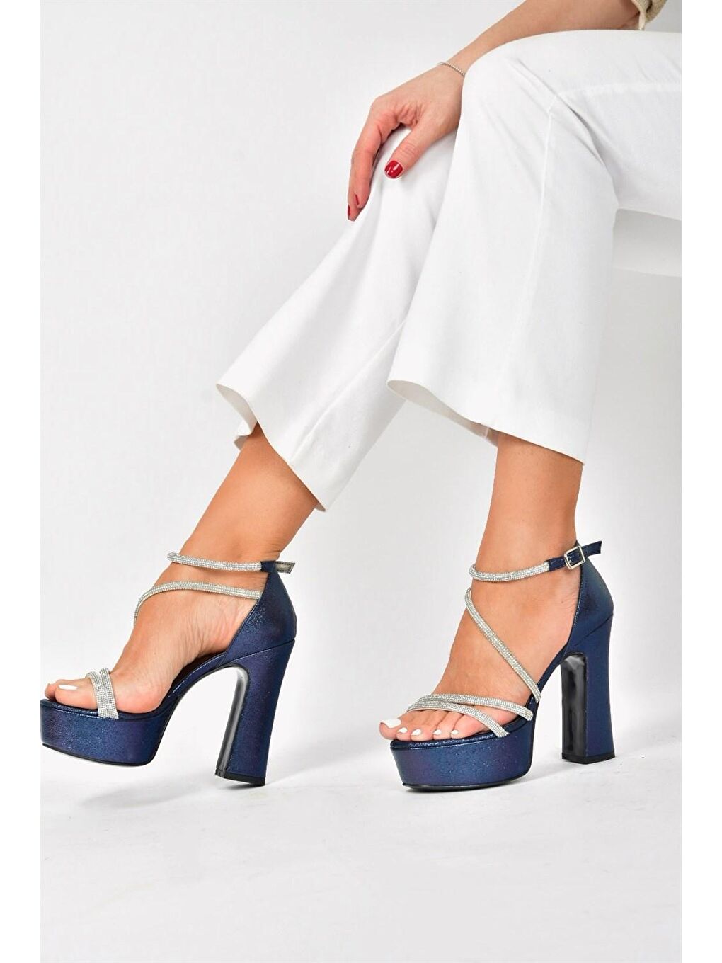 Lacivert Suni Deri Platform Kalın Topuklu Kadın Abiye Ayakkabı M348202614-1