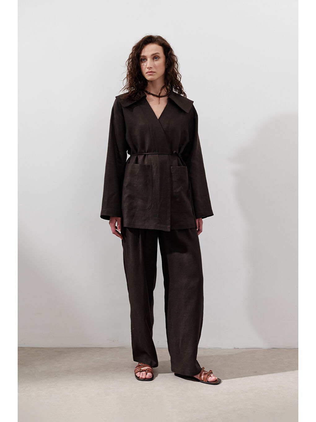 Kahverengi Keten Geniş Yaka Ceket Acı Kahve-1