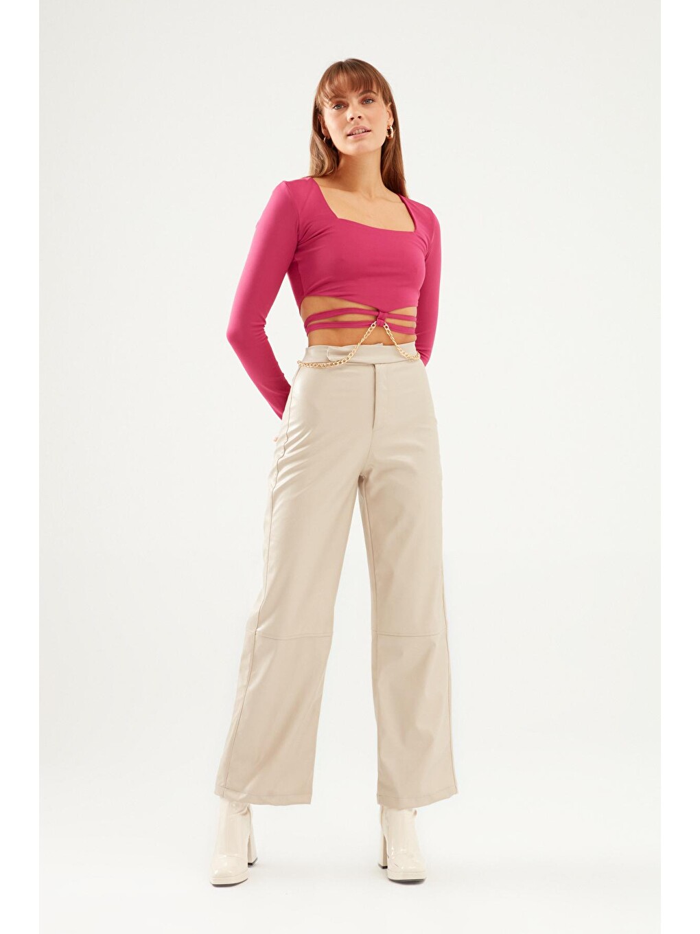 Fuşya Zincir Detaylı Crop Bluz Orkide-1