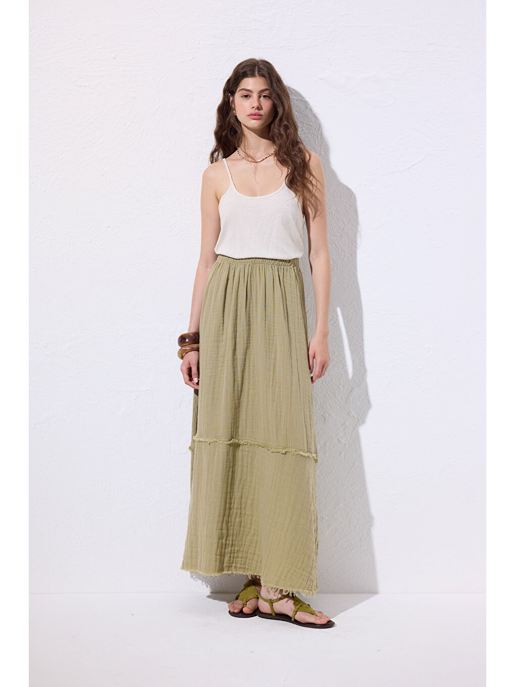Yeşil Müslin Katlı Geniş Etek Adaçayı-3