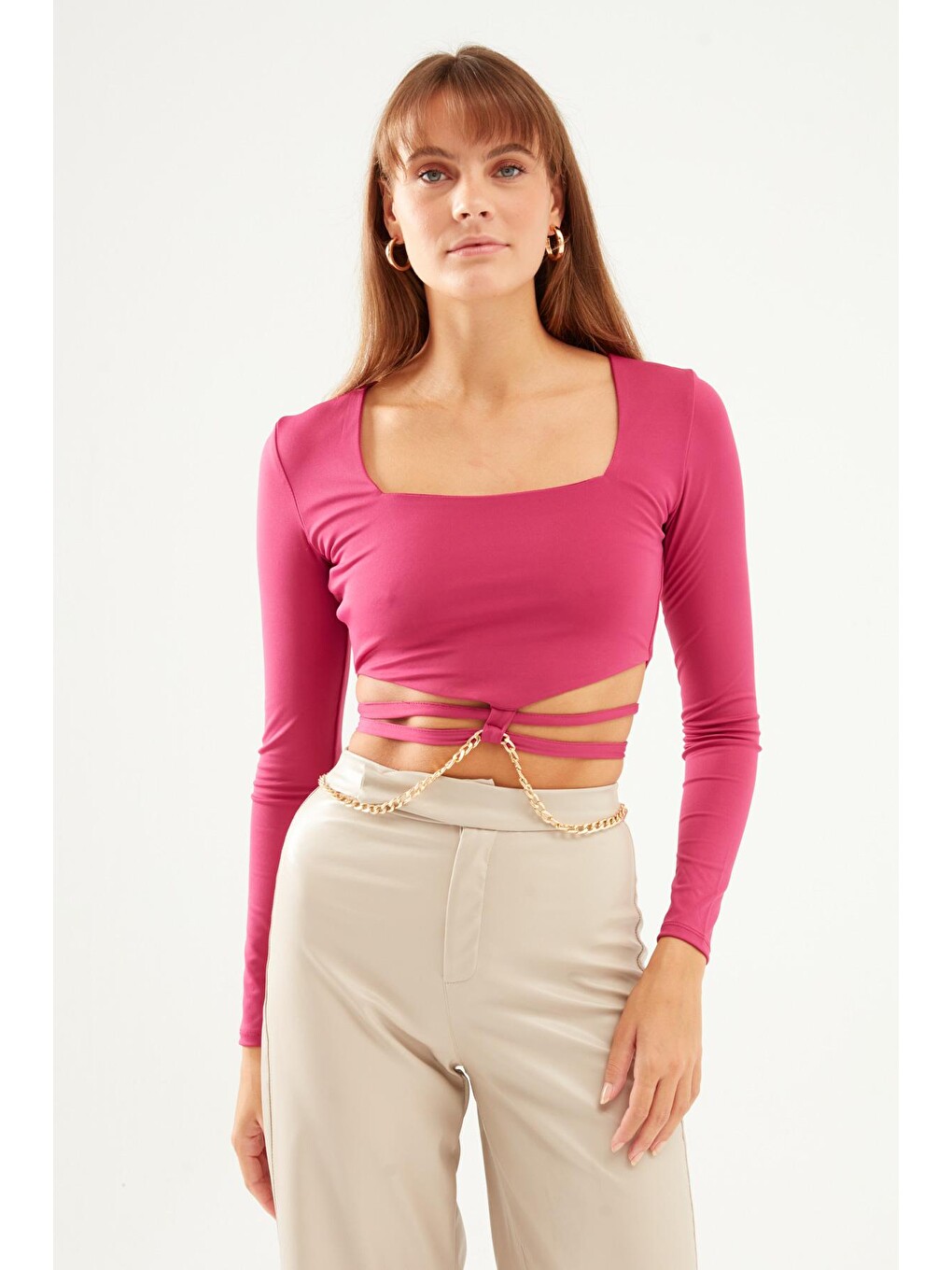Fuşya Zincir Detaylı Crop Bluz Orkide-2