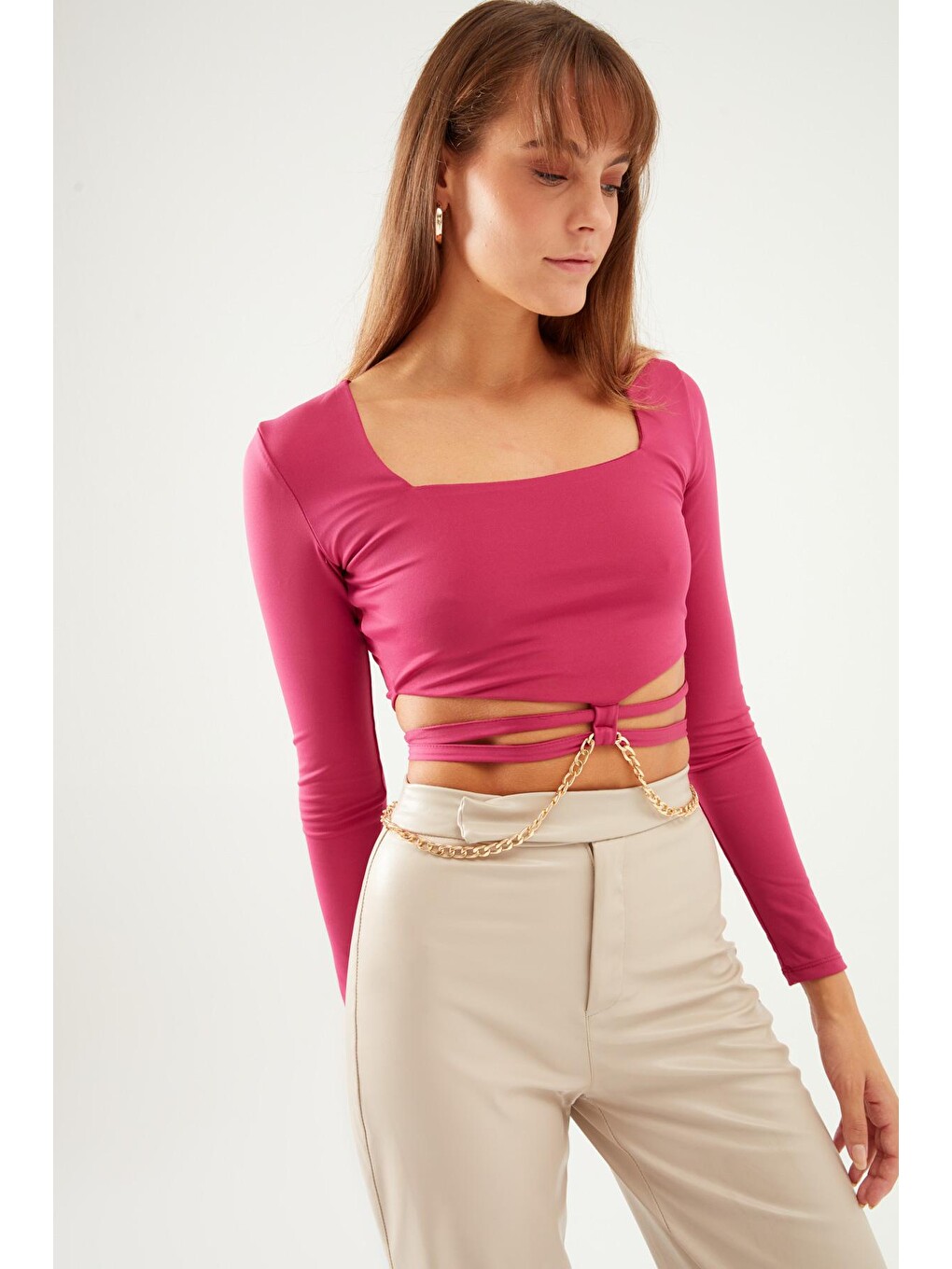 Fuşya Zincir Detaylı Crop Bluz Orkide-3