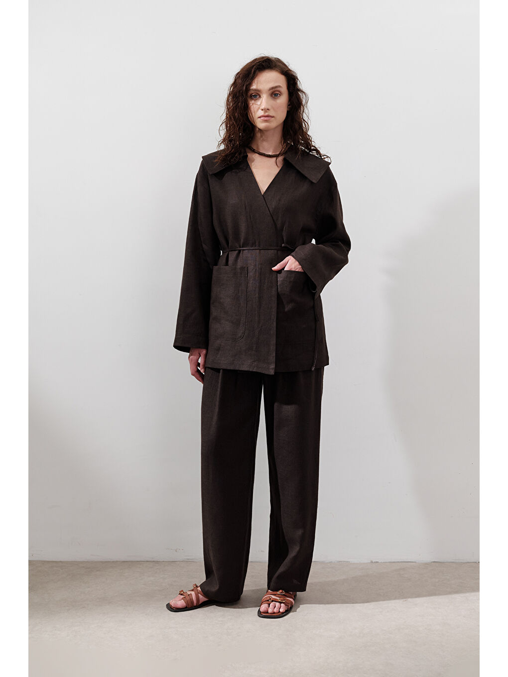 Kahverengi Keten Geniş Yaka Ceket Acı Kahve-2