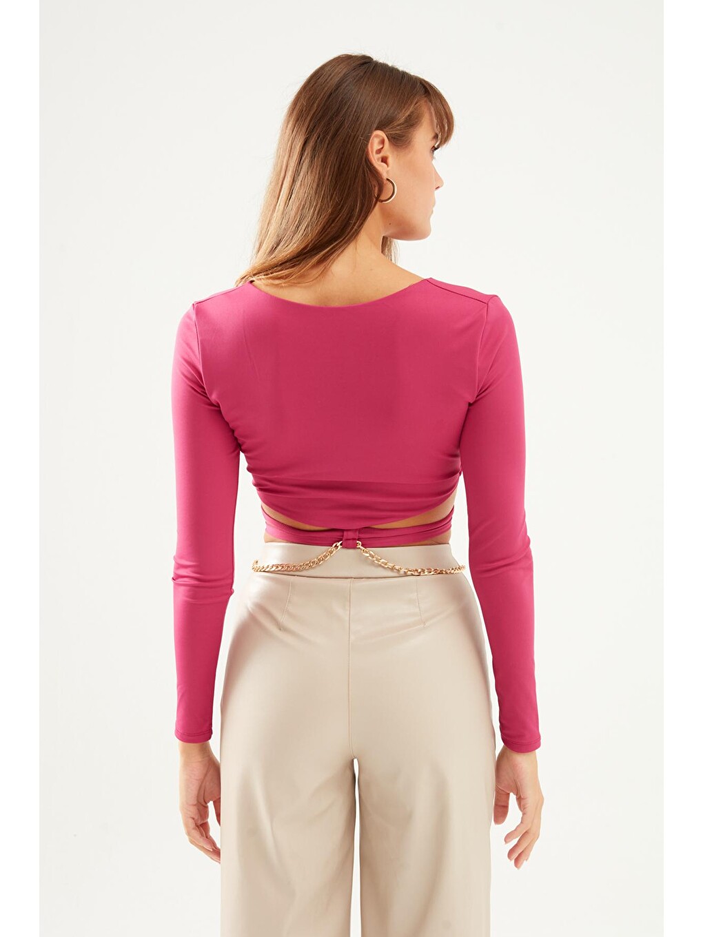 Fuşya Zincir Detaylı Crop Bluz Orkide-4