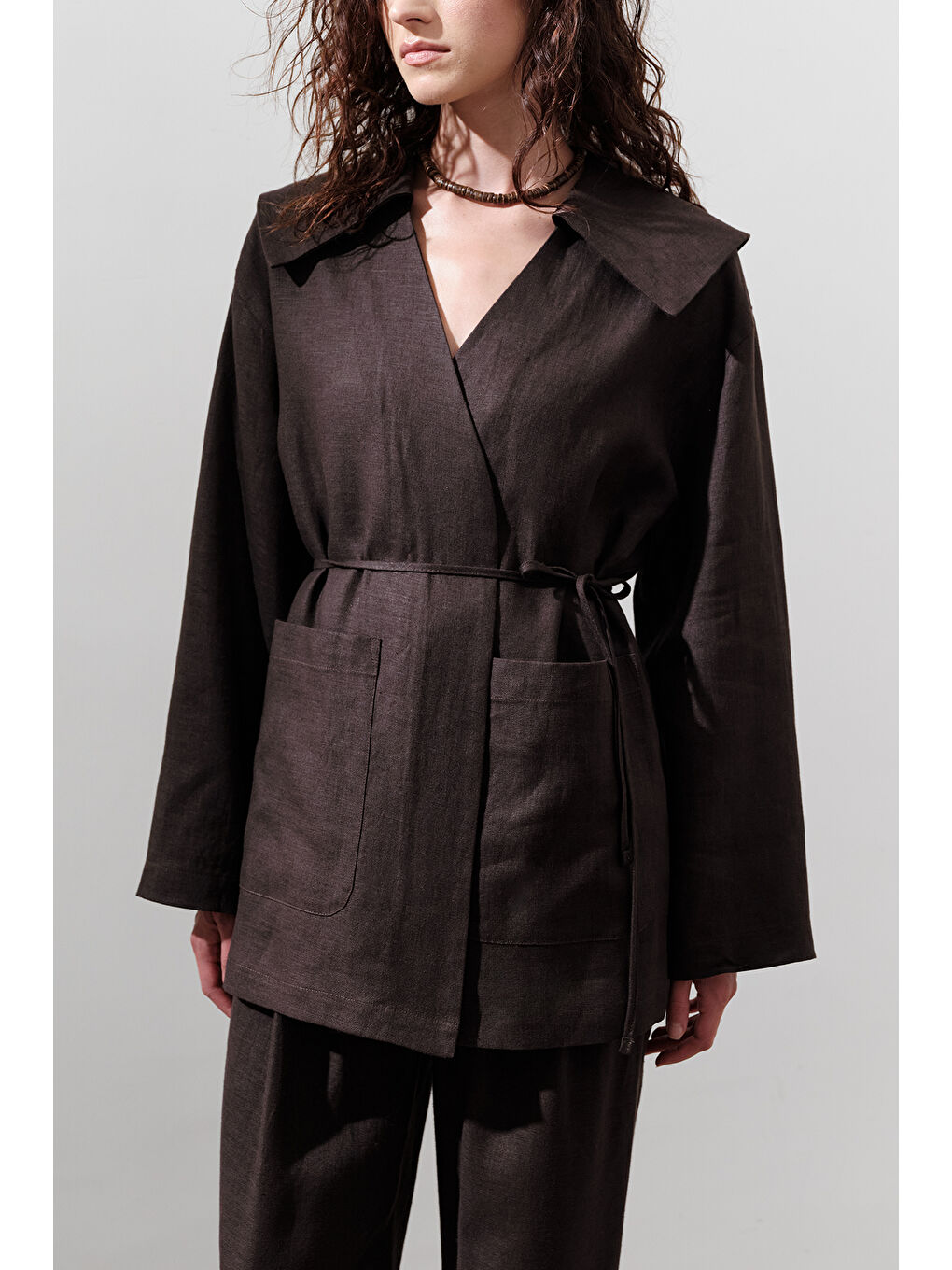 Kahverengi Keten Geniş Yaka Ceket Acı Kahve-3