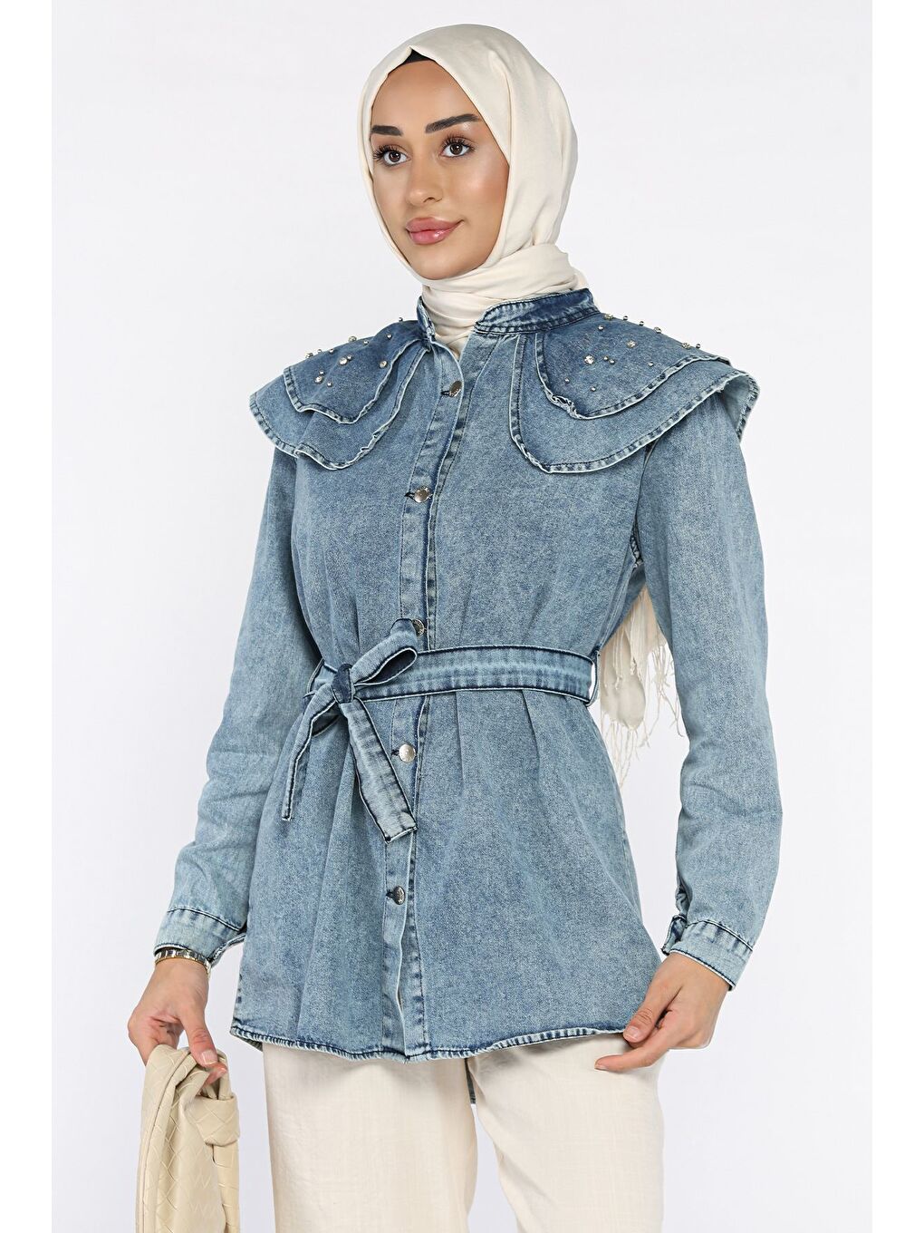 Mavi Bebe Yaka Bel Kuşaklı Tesettür Jean Jean Tunik-3