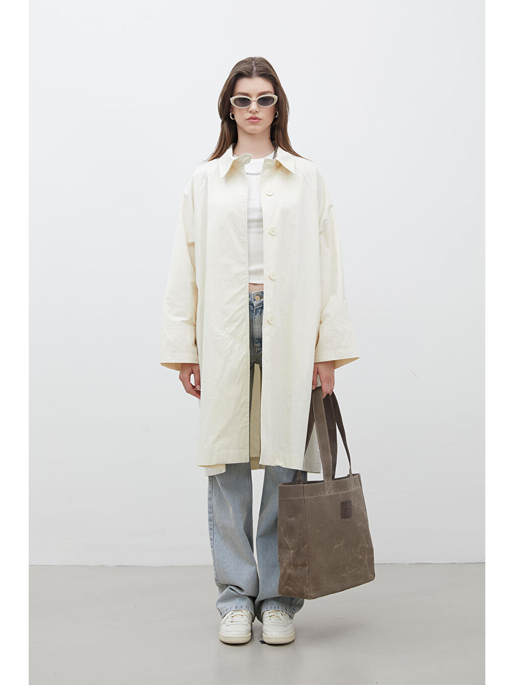 Bej Oversize Teknik Kumaş Trençkot Vanilya-1