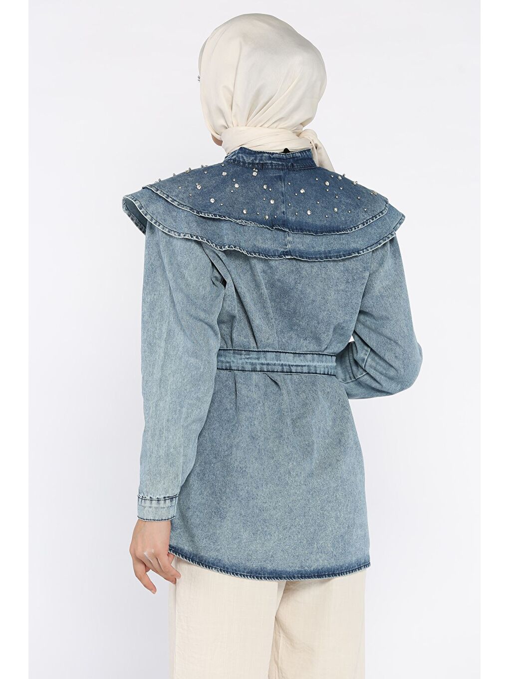 Mavi Bebe Yaka Bel Kuşaklı Tesettür Jean Jean Tunik-4