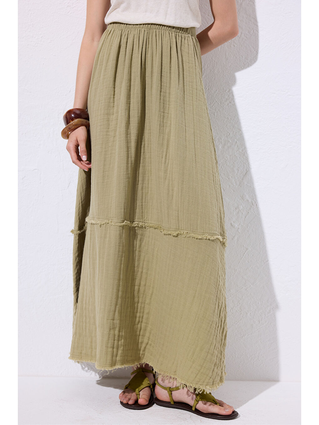 Yeşil Müslin Katlı Geniş Etek Adaçayı-4