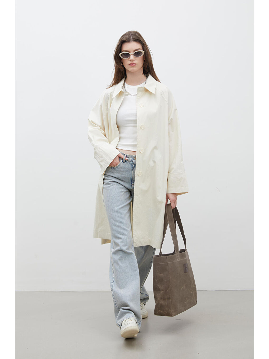 Bej Oversize Teknik Kumaş Trençkot Vanilya-2