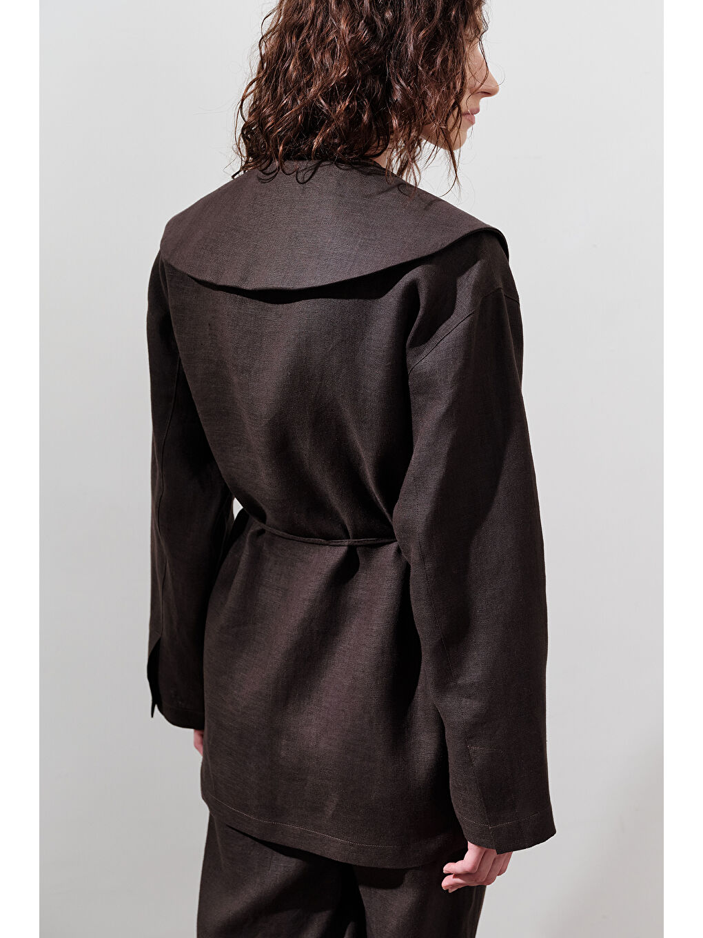 Kahverengi Keten Geniş Yaka Ceket Acı Kahve-4