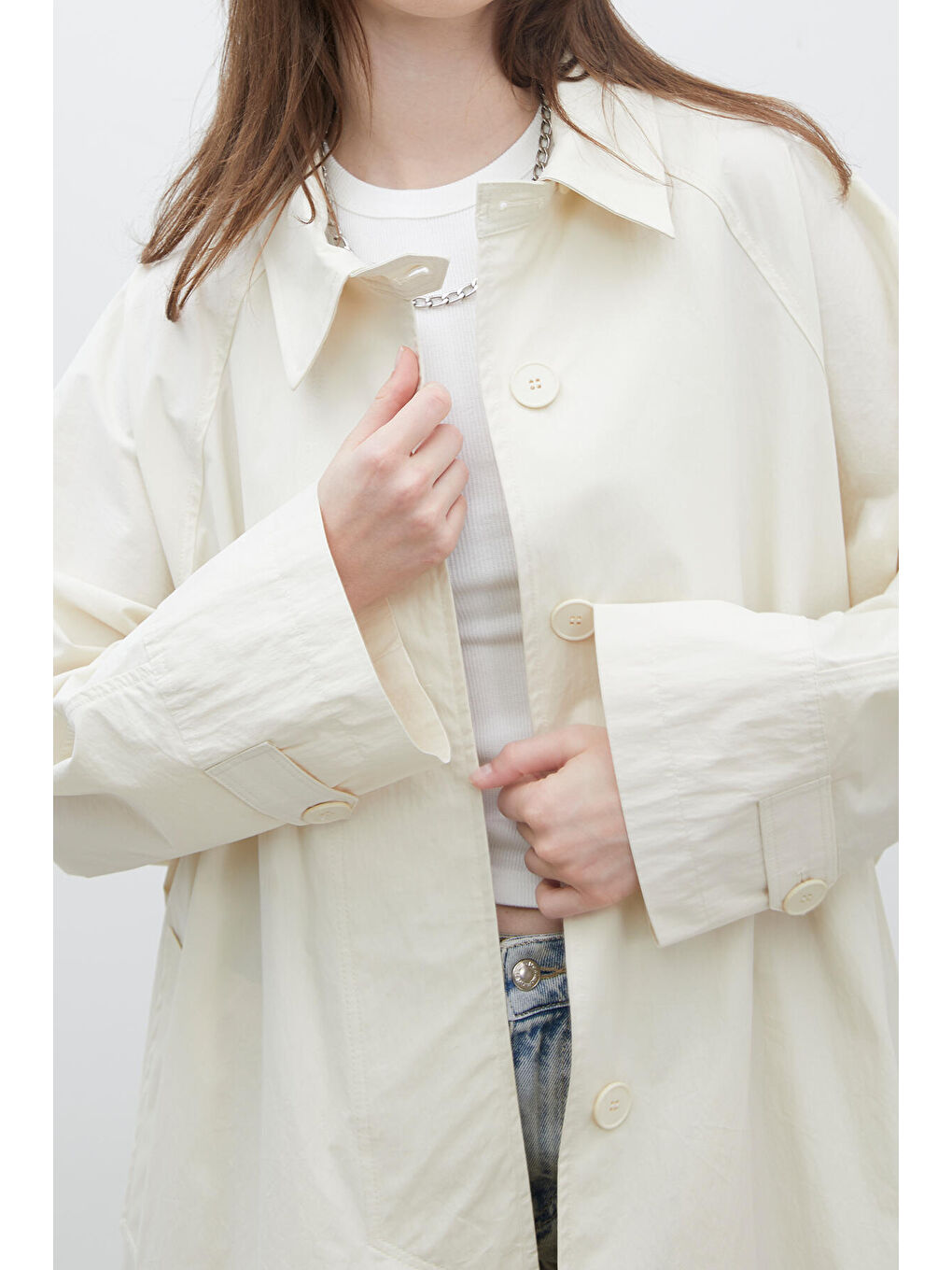 Bej Oversize Teknik Kumaş Trençkot Vanilya-3