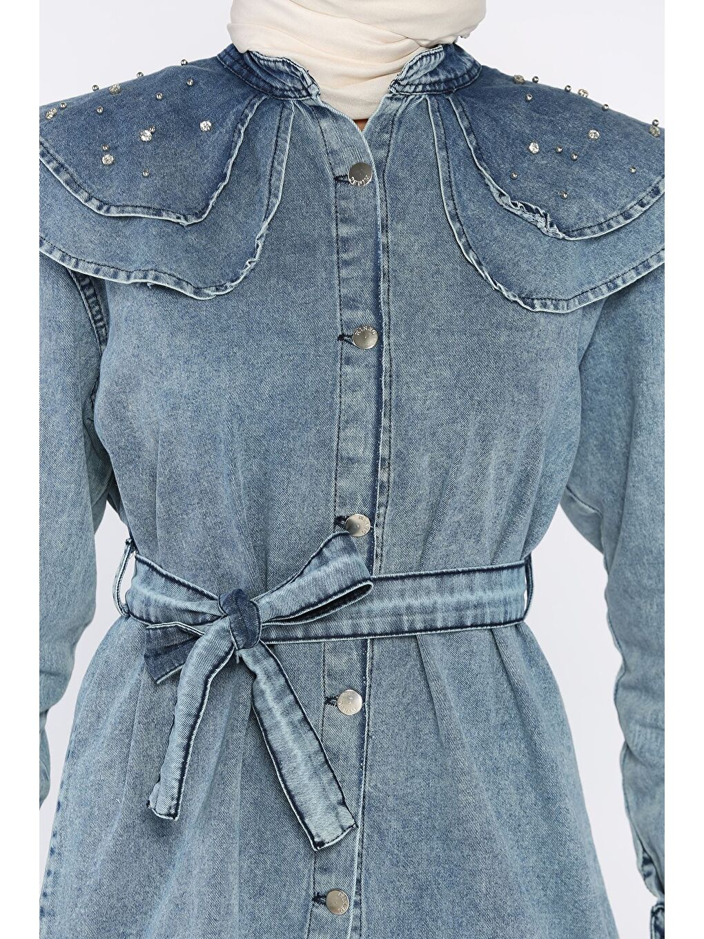 Mavi Bebe Yaka Bel Kuşaklı Tesettür Jean Jean Tunik-6