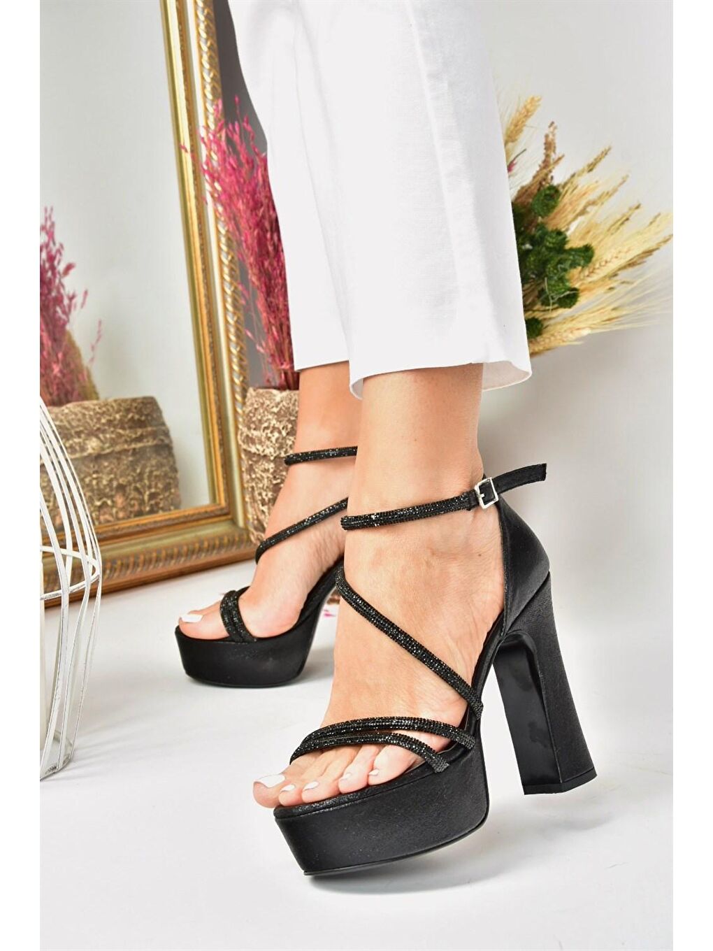 Siyah Suni Deri Platform Kalın Topuklu Kadın Abiye Ayakkabı M348202614-2
