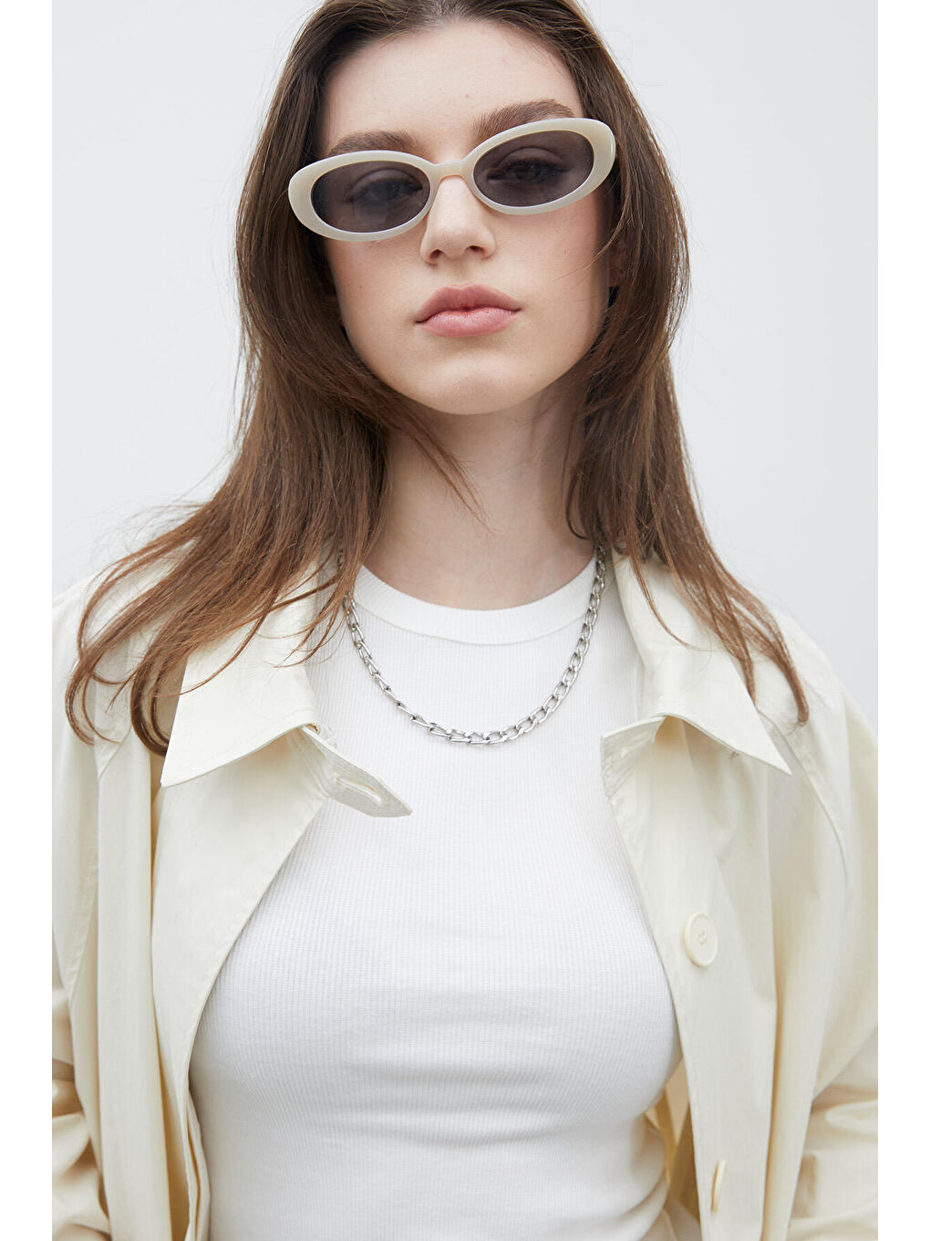 Bej Oversize Teknik Kumaş Trençkot Vanilya-5