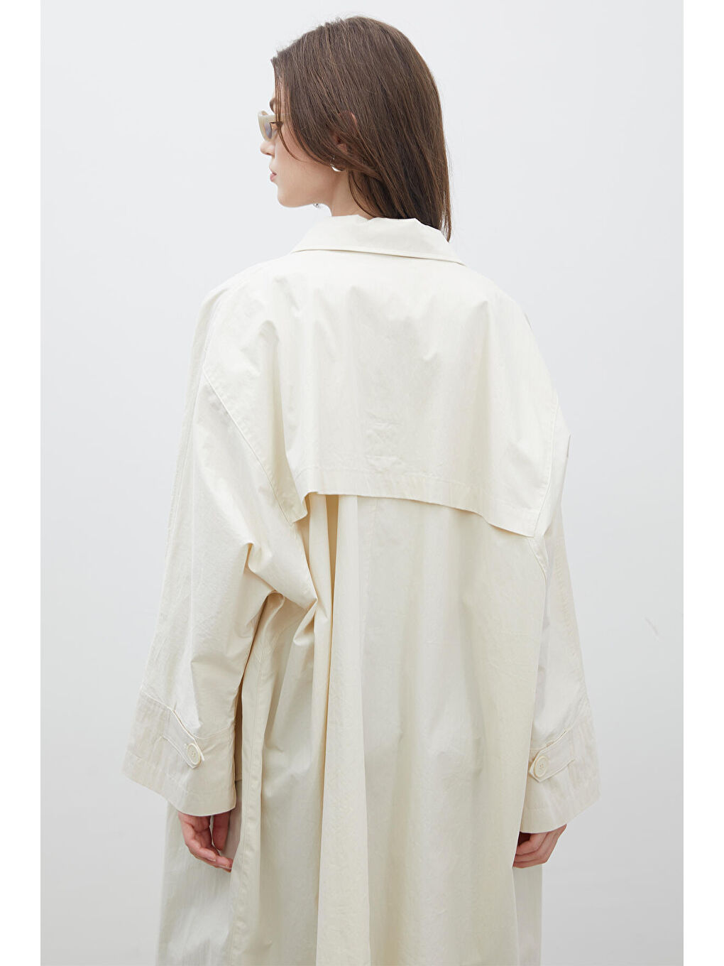 Bej Oversize Teknik Kumaş Trençkot Vanilya-6