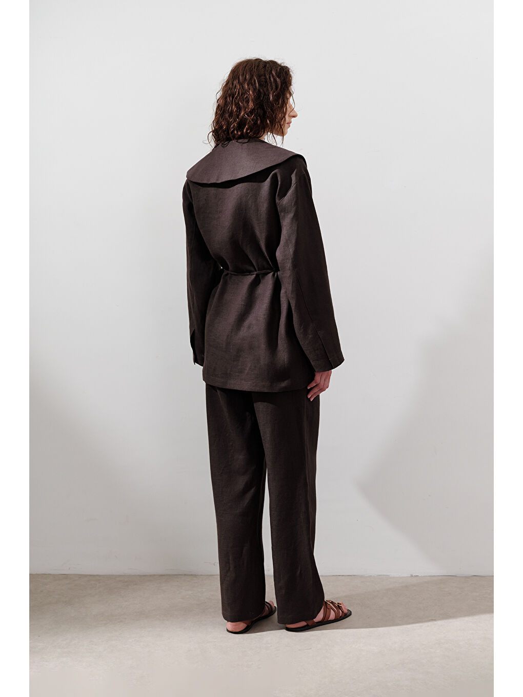 Kahverengi Keten Geniş Yaka Ceket Acı Kahve-5