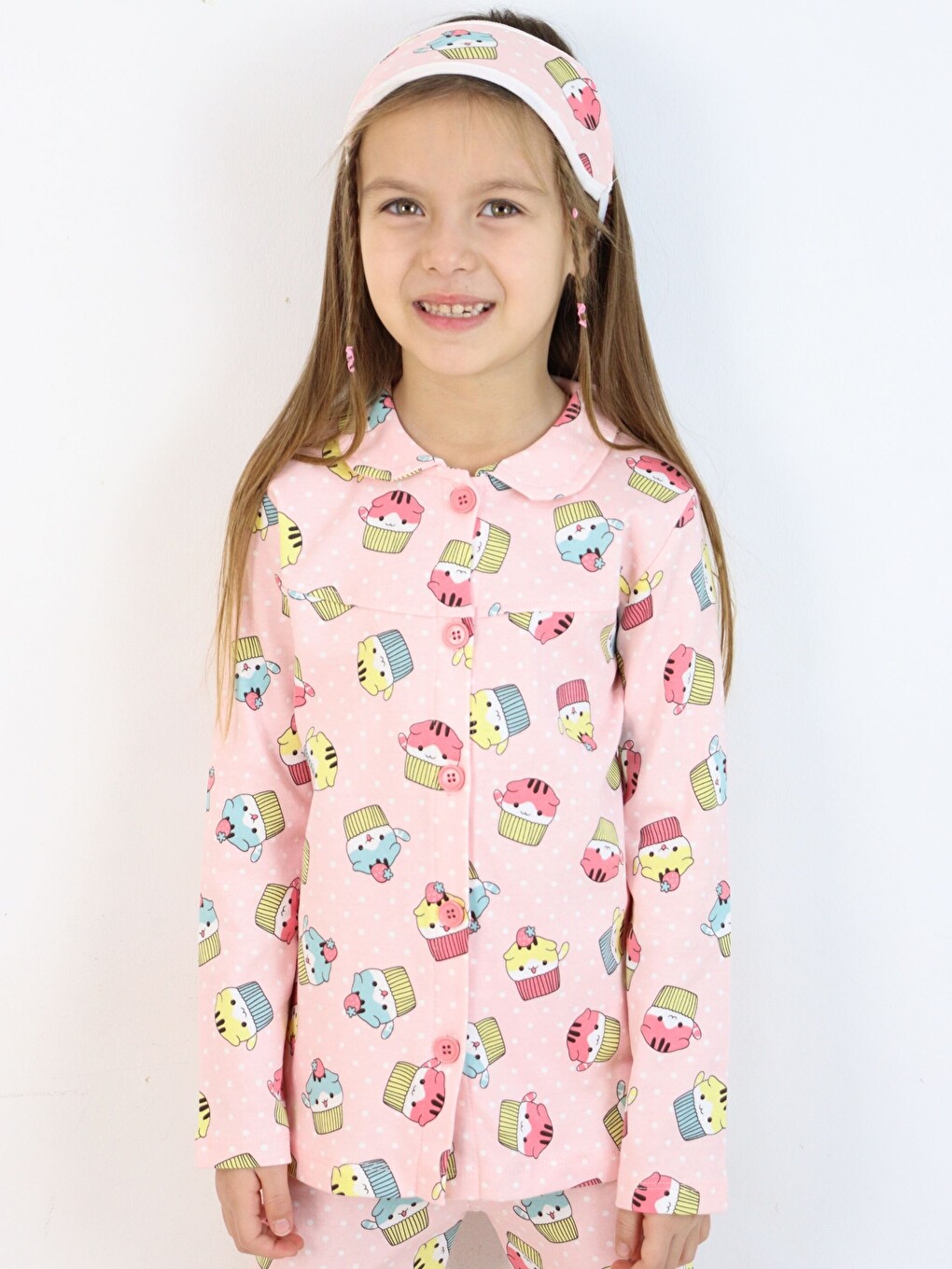 Pembe Bebe Yaka Düğmeli Kız Çocuk Göz Bantlı Pijama Takımı-2