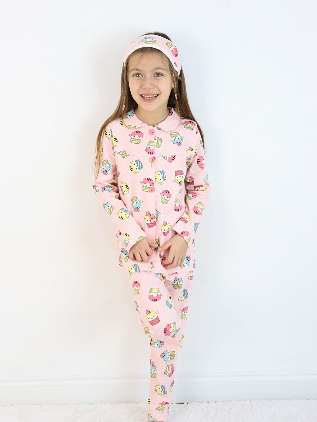 Pembe Bebe Yaka Düğmeli Kız Çocuk Göz Bantlı Pijama Takımı-3