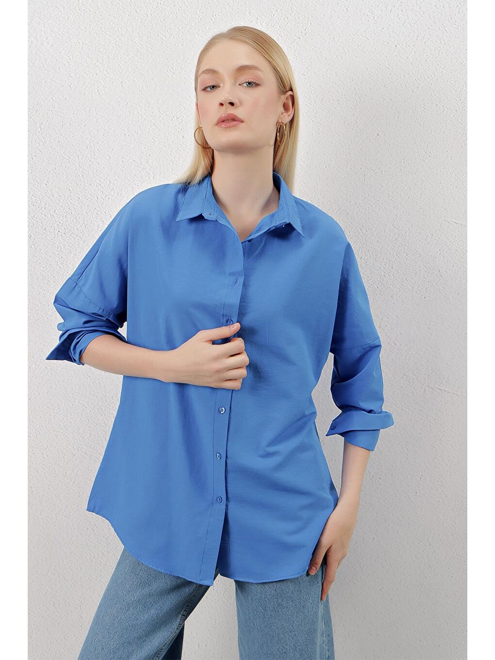 Saks Mavisi Sade Düz Araboy Basic Oversize Gömlek-2